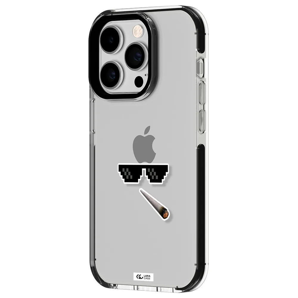 a cigarette and sunglasses Apple iPhone 14 pro impact black border Case
