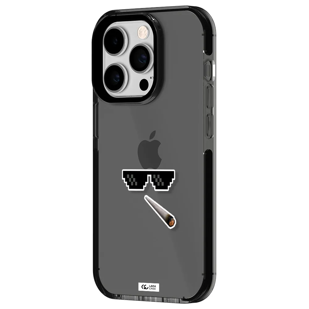 a cigarette and sunglasses Apple iPhone 14 pro impact Smoke Black Case