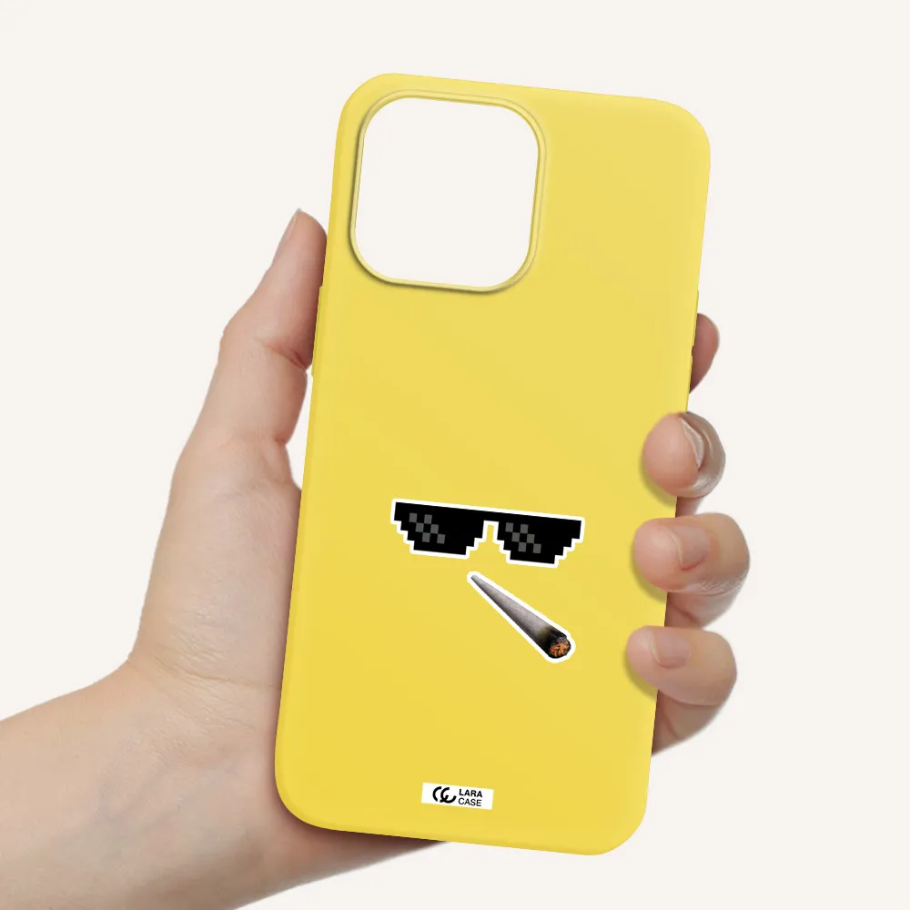 a cigarette and sunglasses Apple iPhone 14 pro Silicone canary yellow Case