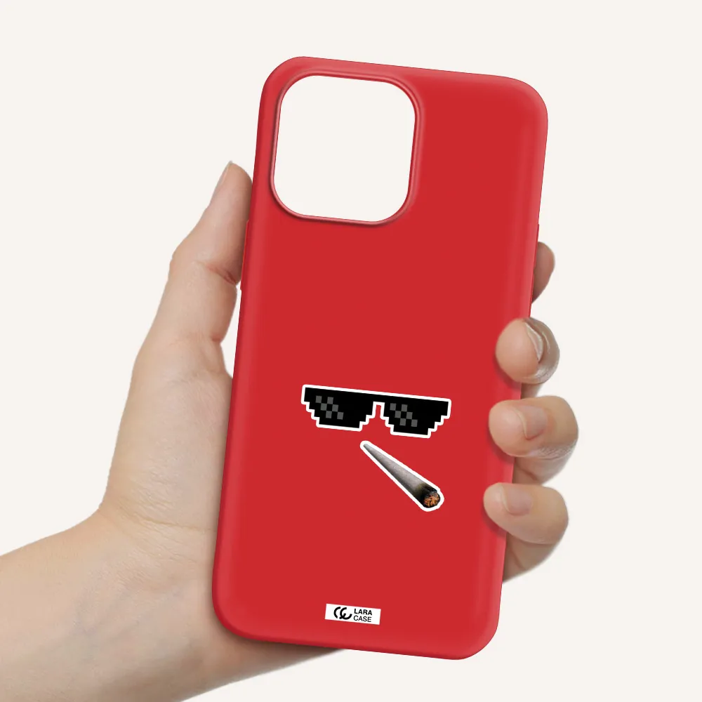 a cigarette and sunglasses Apple iPhone 14 pro Silicone Imperial Red Case