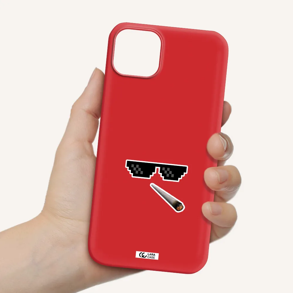 a cigarette and sunglasses Apple iPhone 14 Silicone Imperial Red Case