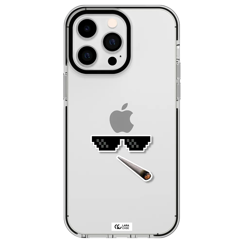 a cigarette and sunglasses Apple iPhone 15 Pro impact black border Case