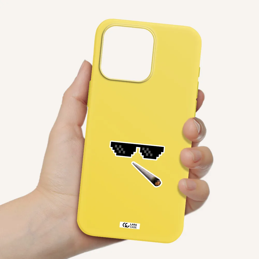 a cigarette and sunglasses Apple Iphone 15 Pro max Silicone canary yellow Case