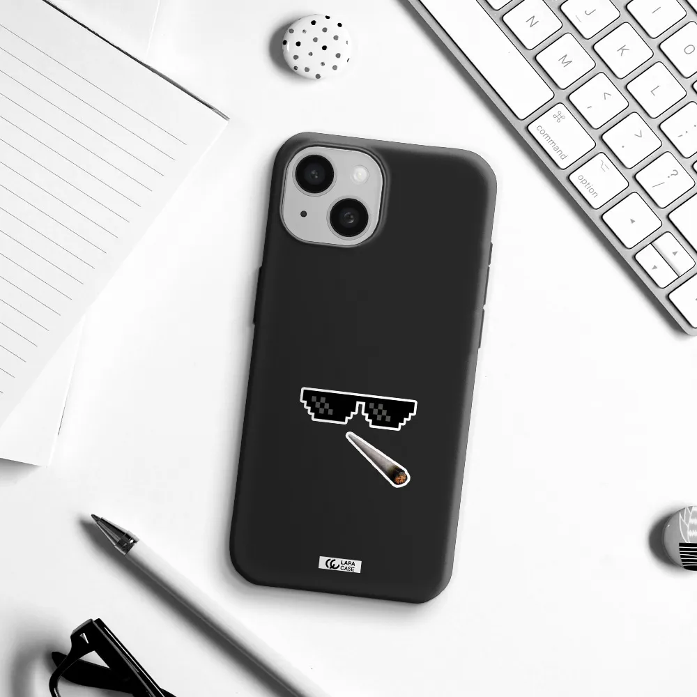 a cigarette and sunglasses Apple iPhone 15 Silicone black Case