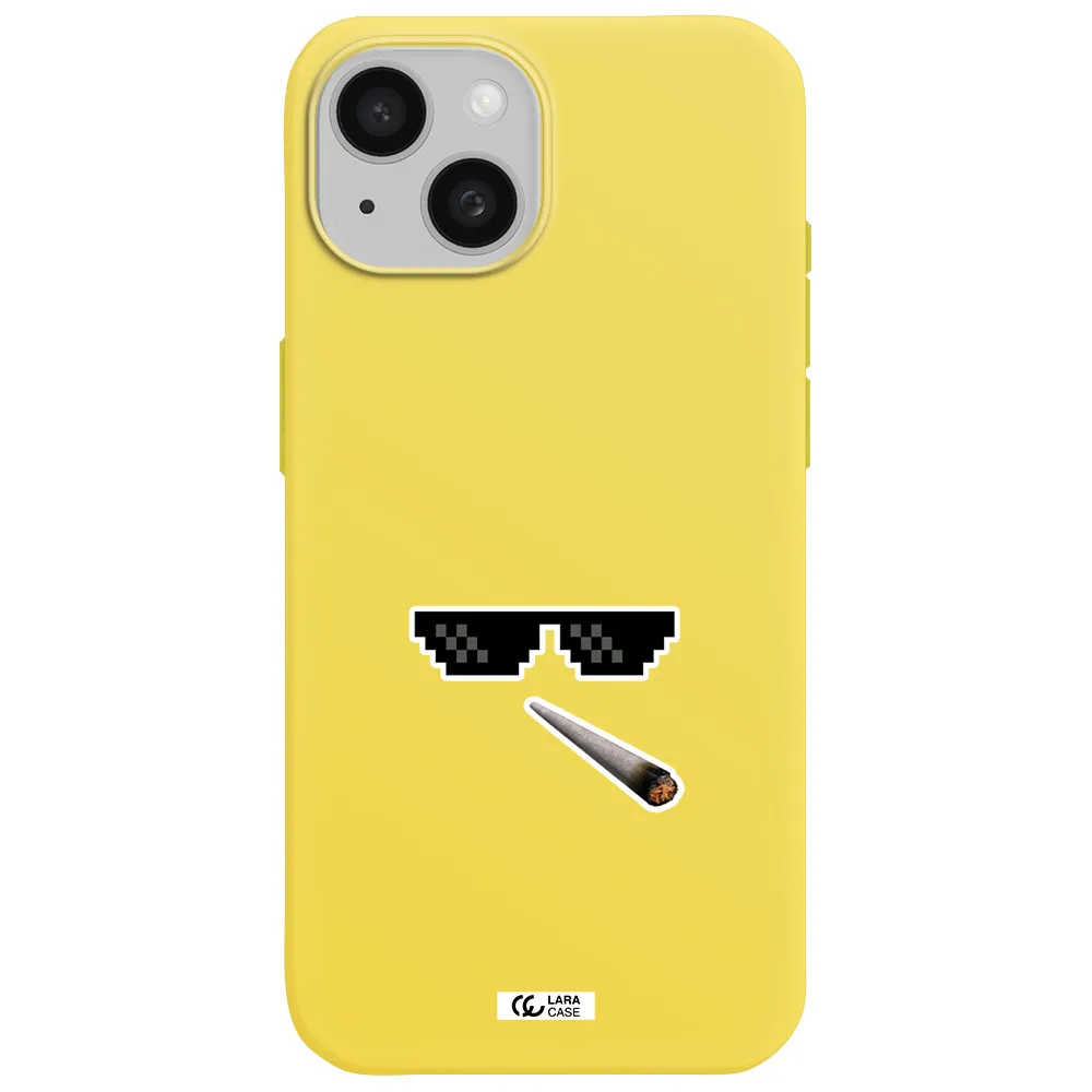 a cigarette and sunglasses Apple iPhone 15 Silicone canary yellow Case
