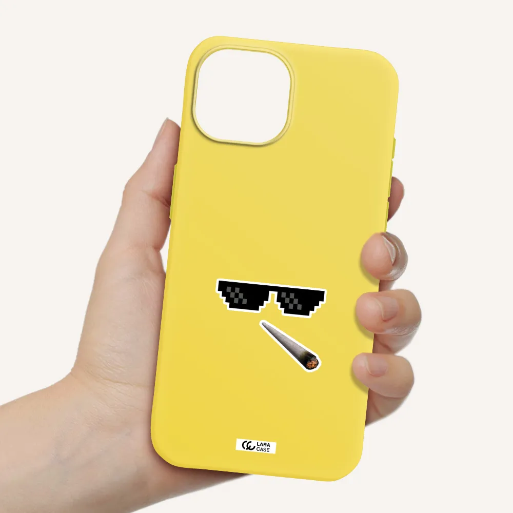 a cigarette and sunglasses Apple iPhone 15 Silicone canary yellow Case