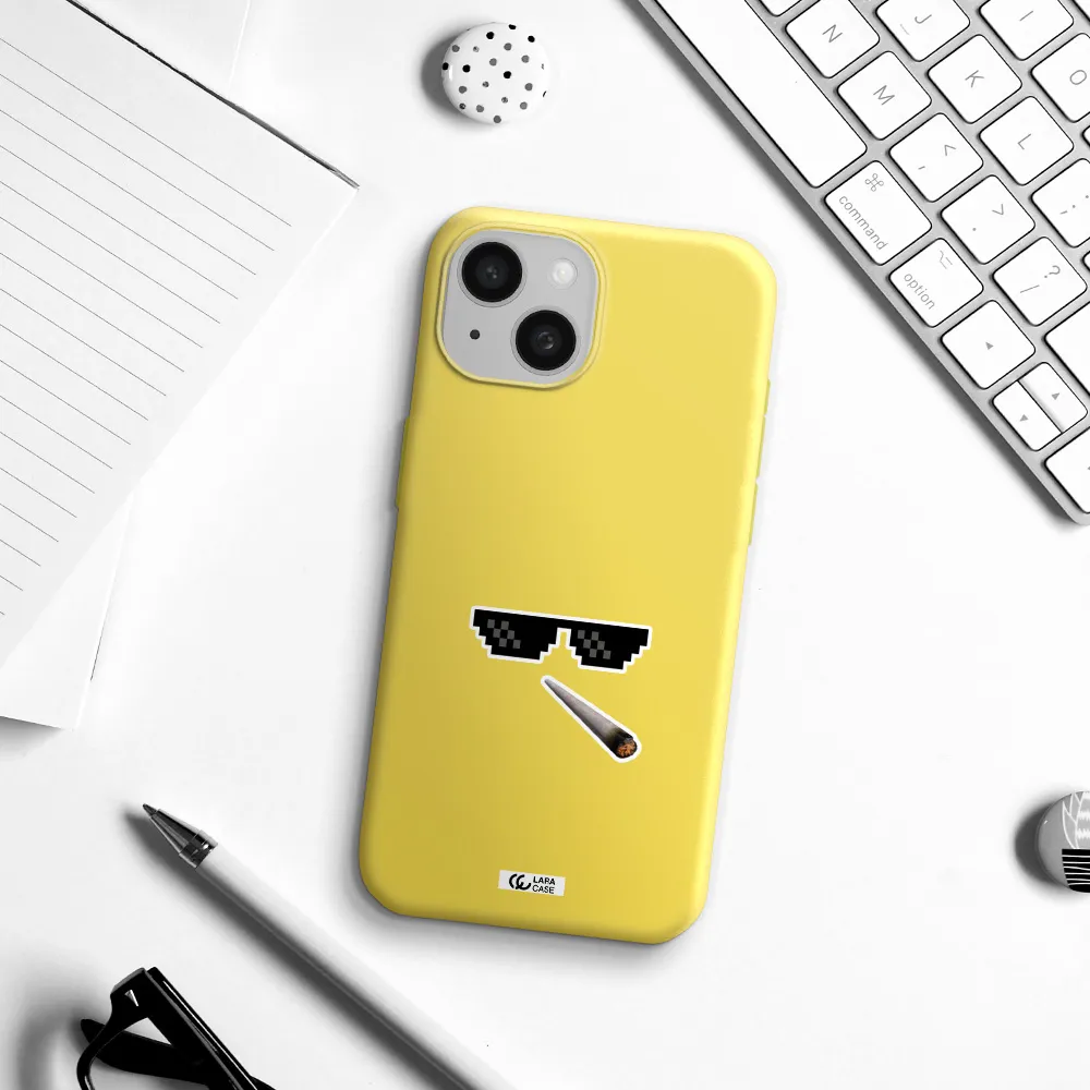 a cigarette and sunglasses Apple iPhone 15 Silicone canary yellow Case