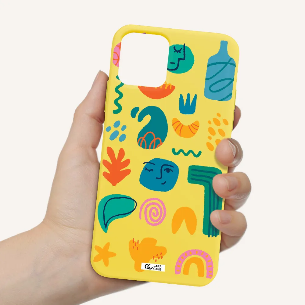 a collection of colorful shapes Apple iPhone 11 pro Silicone canary yellow Case
