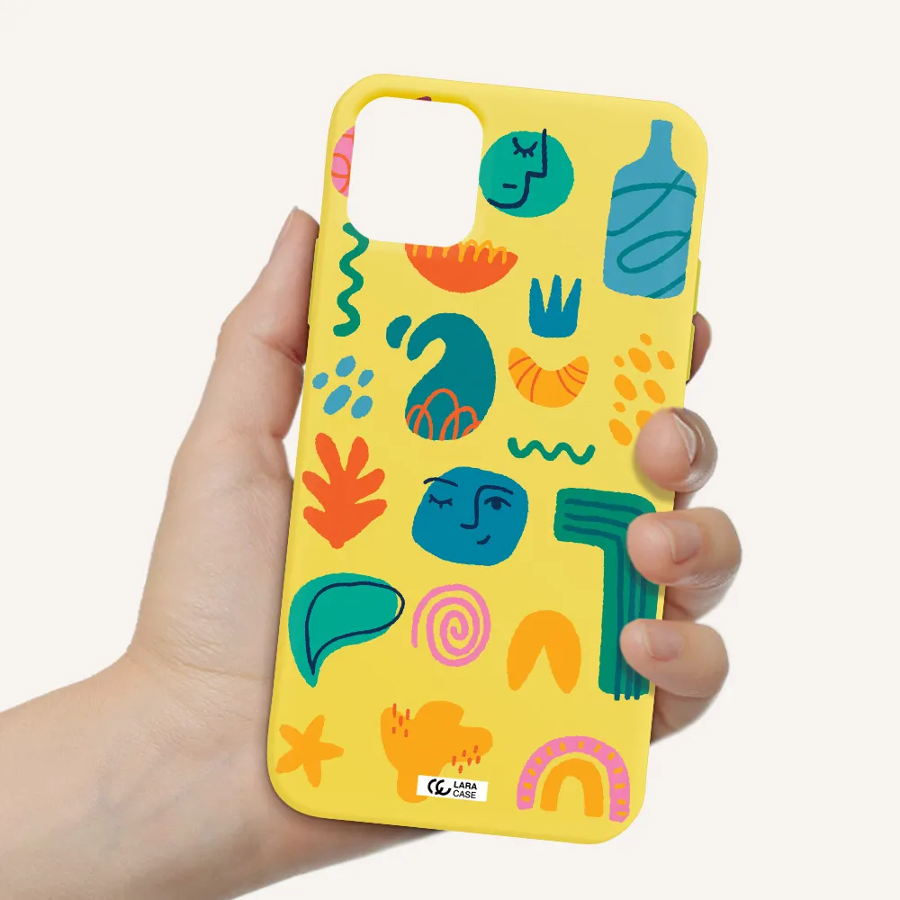a collection of colorful shapes Apple iPhone 11 Silicone canary yellow Case