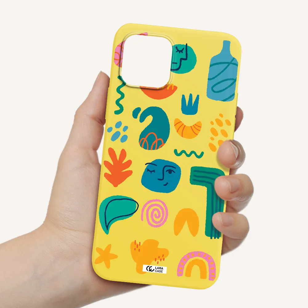 a collection of colorful shapes Apple iPhone 12 mini Silicone canary yellow Case