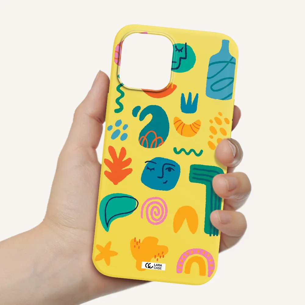 a collection of colorful shapes Apple iPhone 12 pro max Silicone canary yellow Case