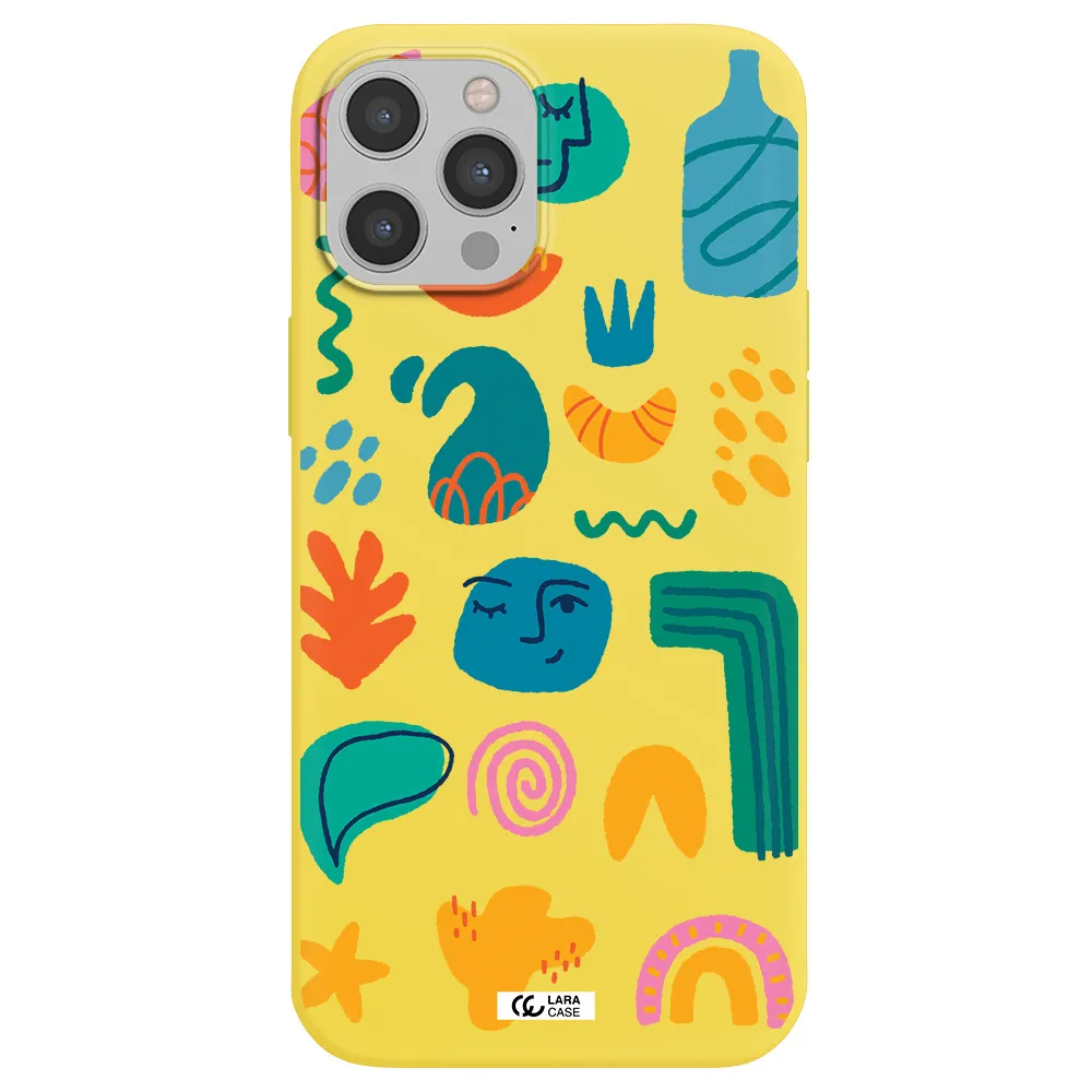 a collection of colorful shapes Apple iPhone 12 pro Silicone canary yellow Case
