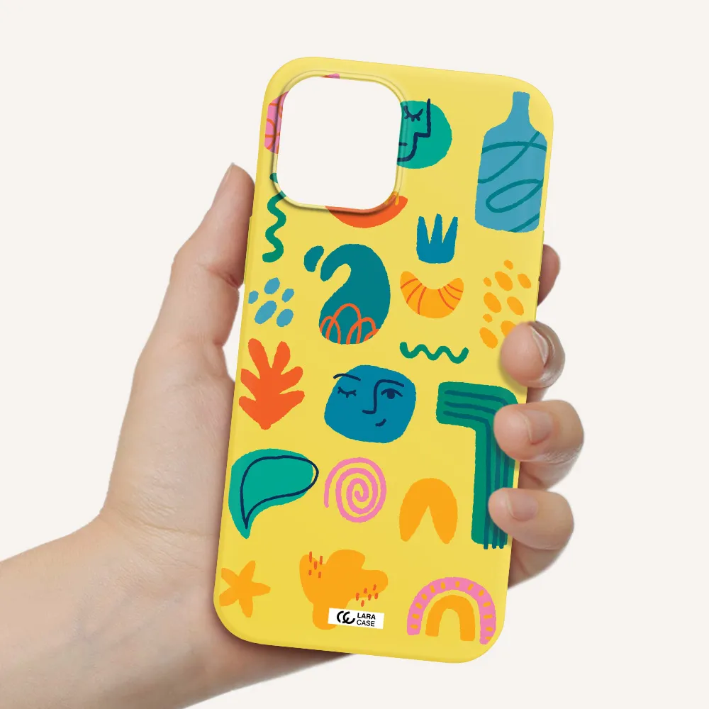 a collection of colorful shapes Apple iPhone 12 pro Silicone canary yellow Case