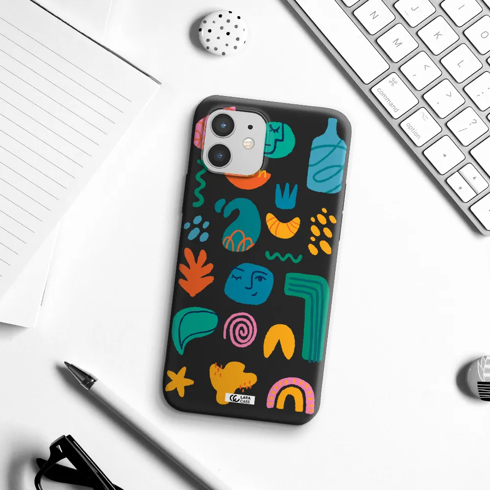 a collection of colorful shapes Apple iPhone 12 Silicone black Case