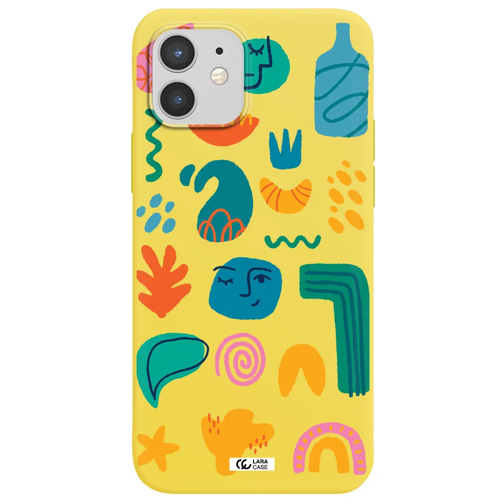 a collection of colorful shapes Apple iPhone 12 Silicone canary yellow Case