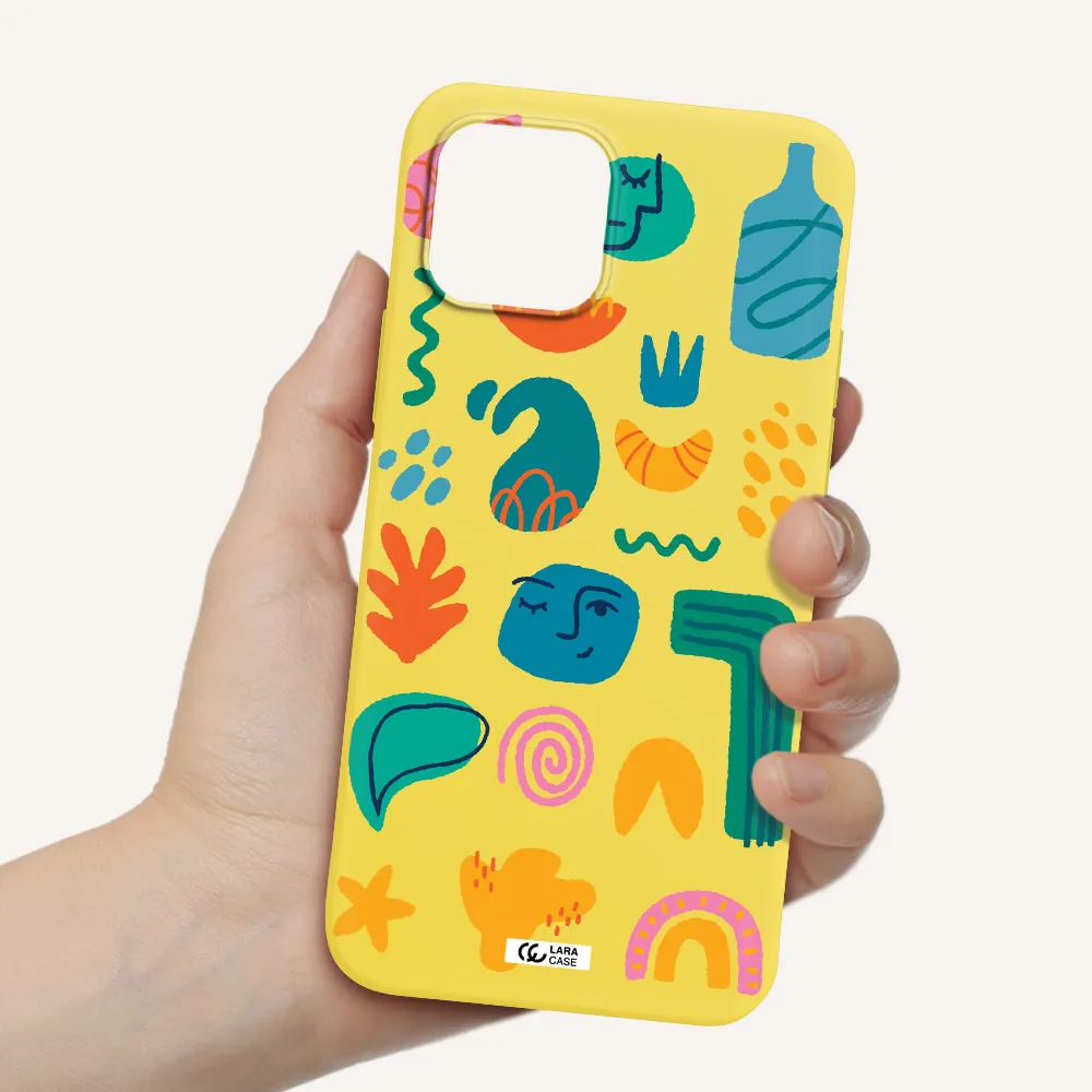 a collection of colorful shapes Apple iPhone 12 Silicone canary yellow Case