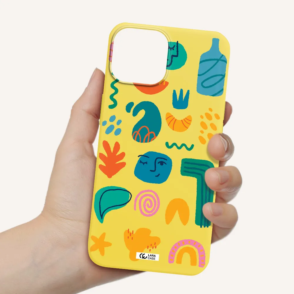 a collection of colorful shapes Apple iPhone 13 mini Silicone canary yellow Case
