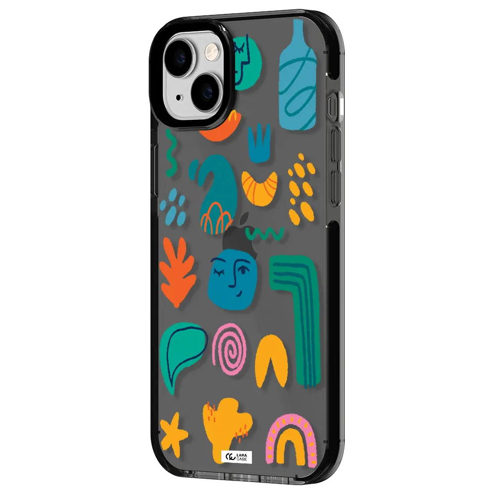 a collection of colorful shapes Apple iPhone 14 plus impact Smoke Black Case