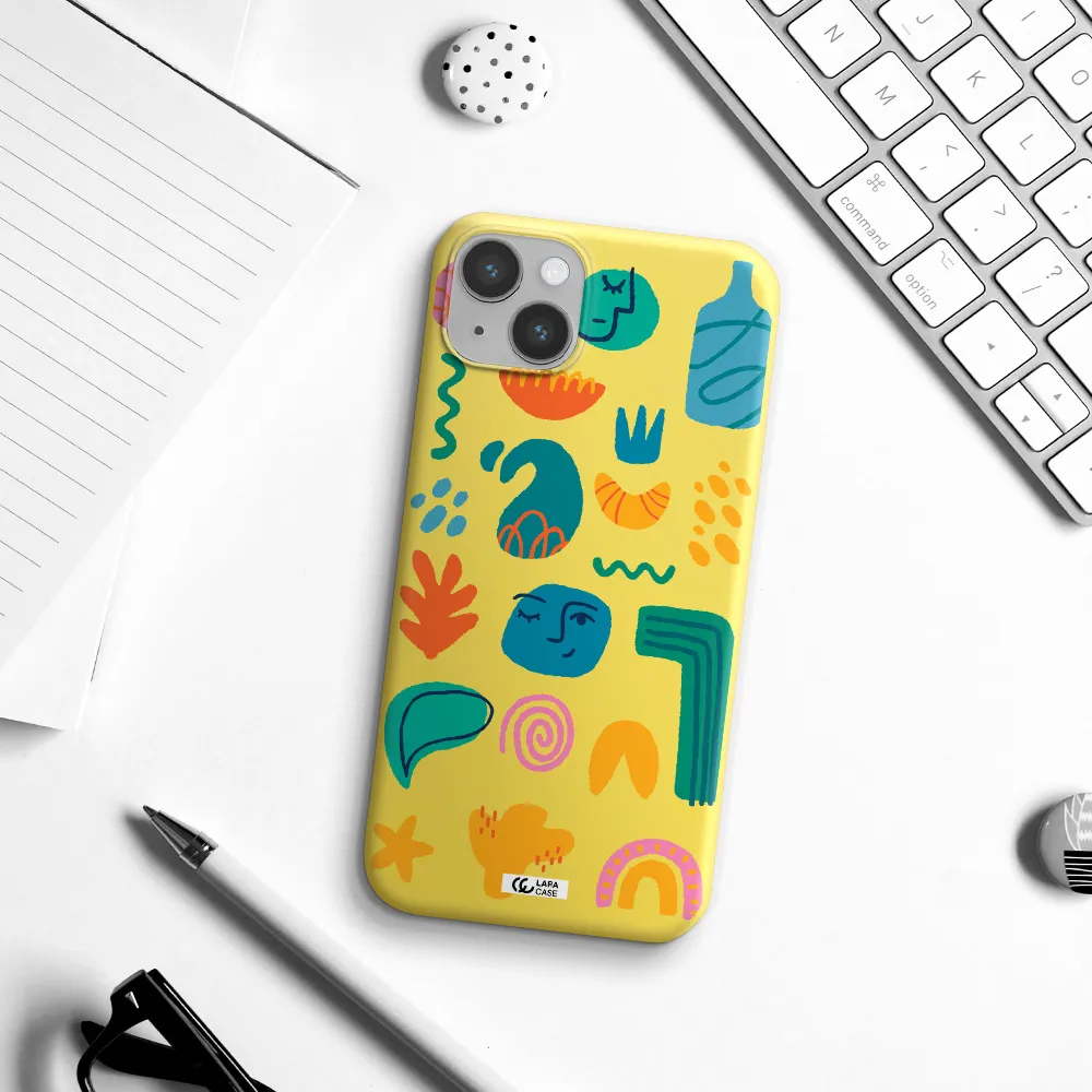 a collection of colorful shapes Apple iPhone 14 plus Silicone canary yellow Case