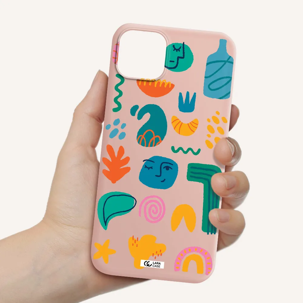 a collection of colorful shapes Apple iPhone 14 plus Silicone pastel pink Case