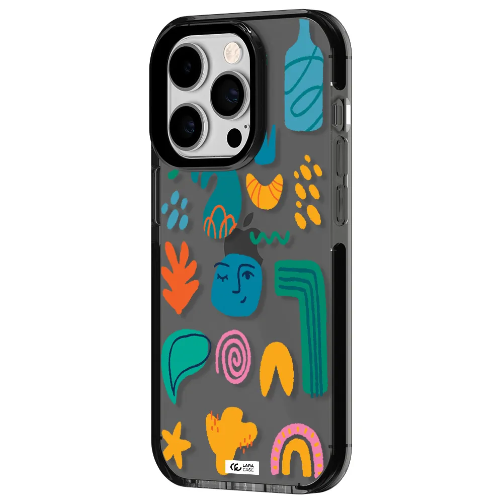 a collection of colorful shapes Apple iPhone 14 pro impact Smoke Black Case