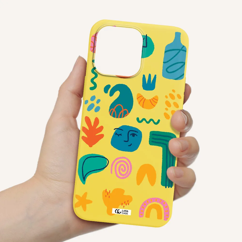 a collection of colorful shapes Apple iPhone 14 pro max Silicone canary yellow Case