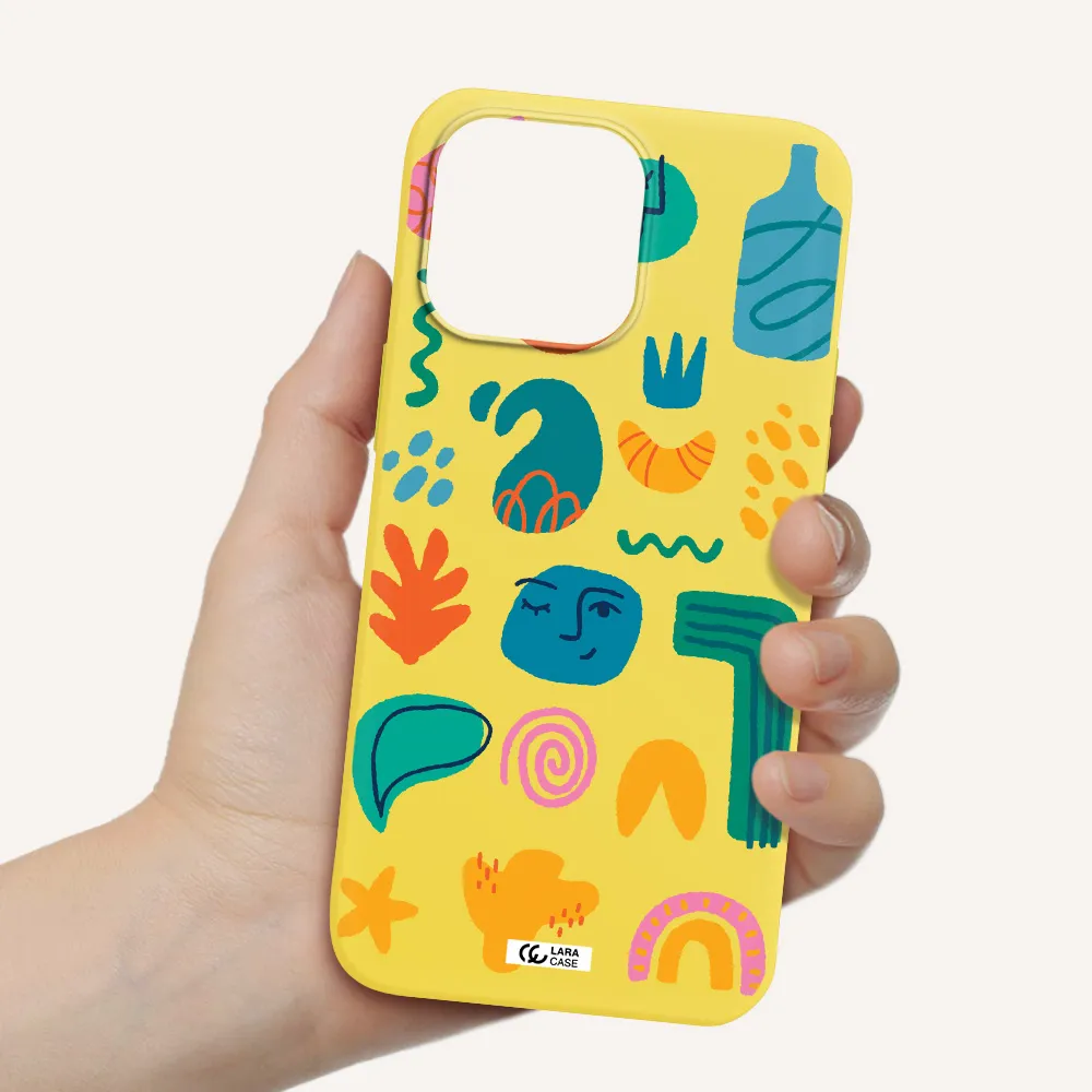 a collection of colorful shapes Apple iPhone 14 pro Silicone canary yellow Case