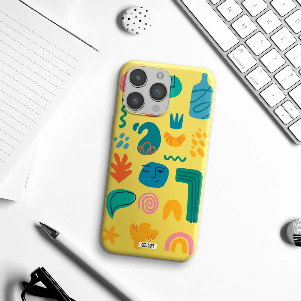 a collection of colorful shapes Apple iPhone 14 pro Silicone canary yellow Case