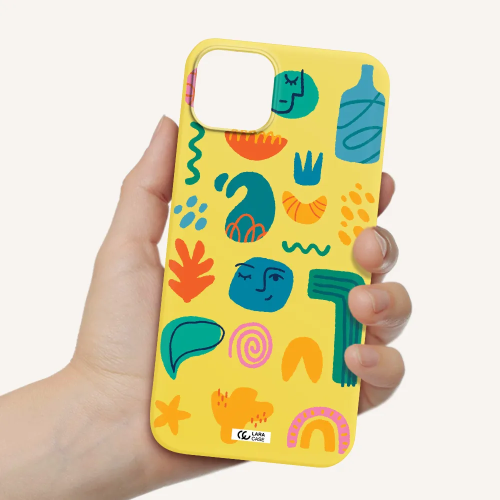 a collection of colorful shapes Apple iPhone 14 Silicone canary yellow Case