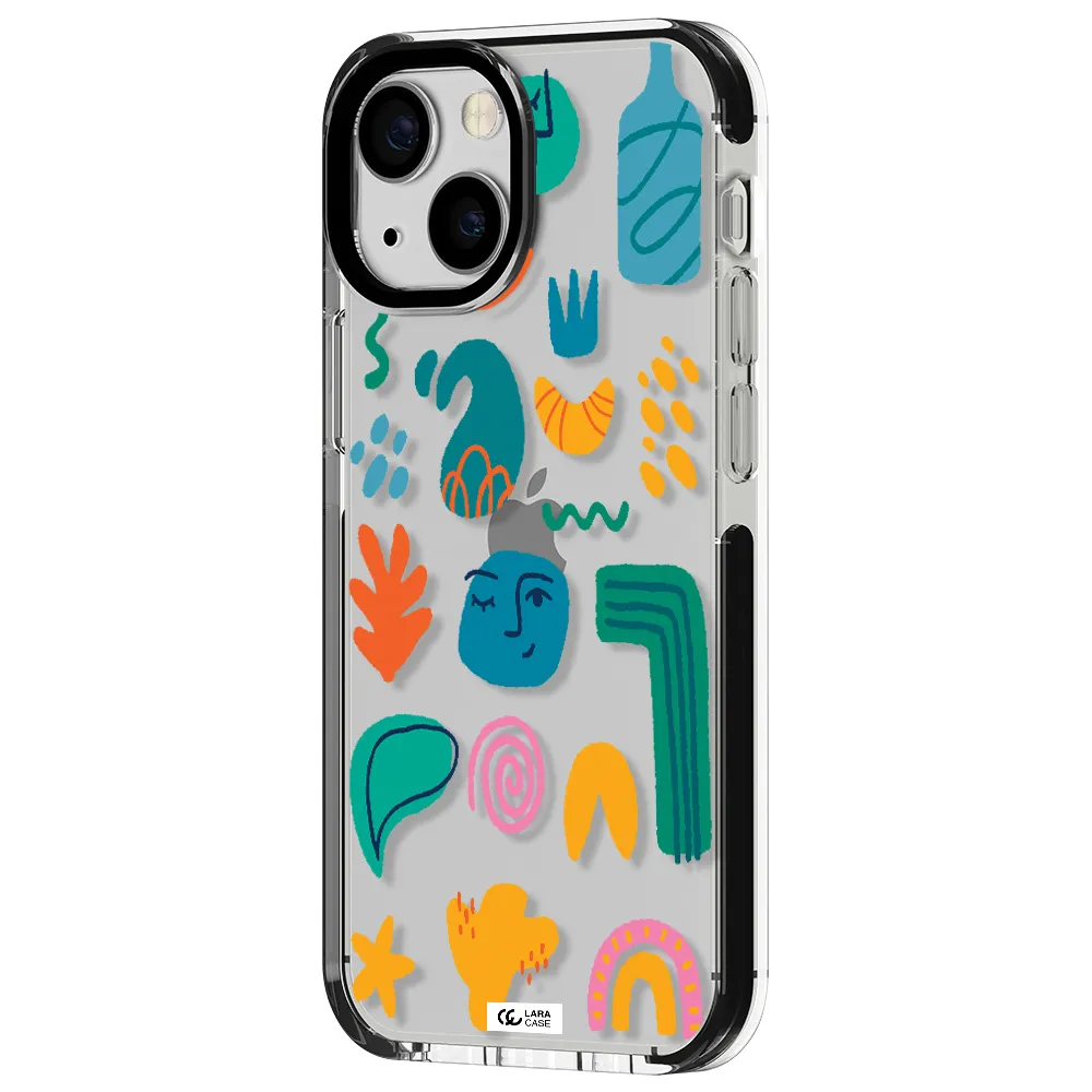 a collection of colorful shapes Apple iPhone 15 impact black border Case