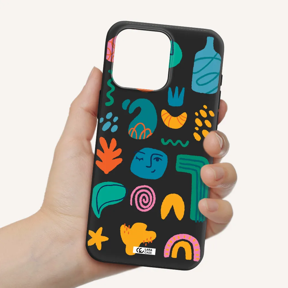 a collection of colorful shapes Apple Iphone 15 Pro max Silicone black Case