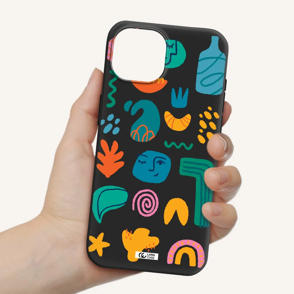 a collection of colorful shapes Apple iPhone 15 Silicone black Case