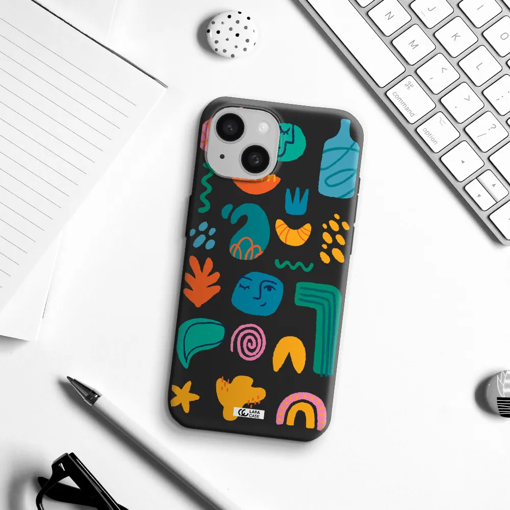 a collection of colorful shapes Apple iPhone 15 Silicone black Case