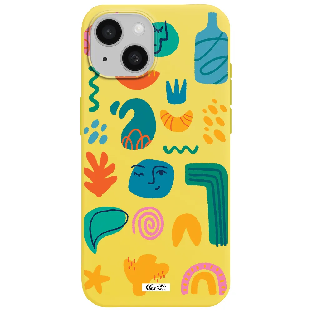 a collection of colorful shapes Apple iPhone 15 Silicone canary yellow Case