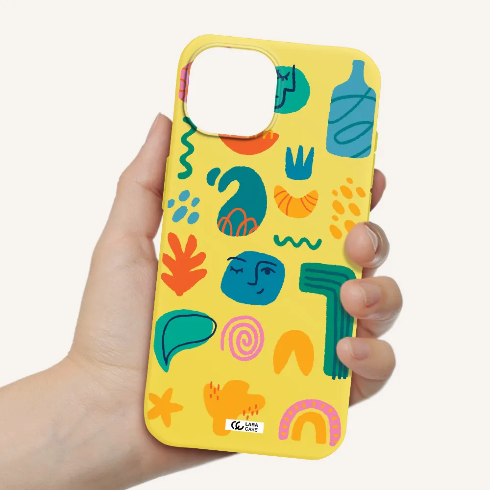 a collection of colorful shapes Apple iPhone 15 Silicone canary yellow Case