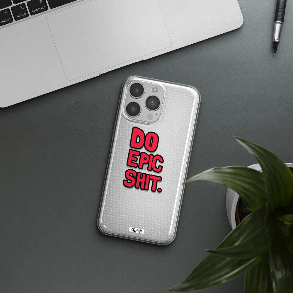 a red and black text Apple iPhone 14 pro Clear TPU Case