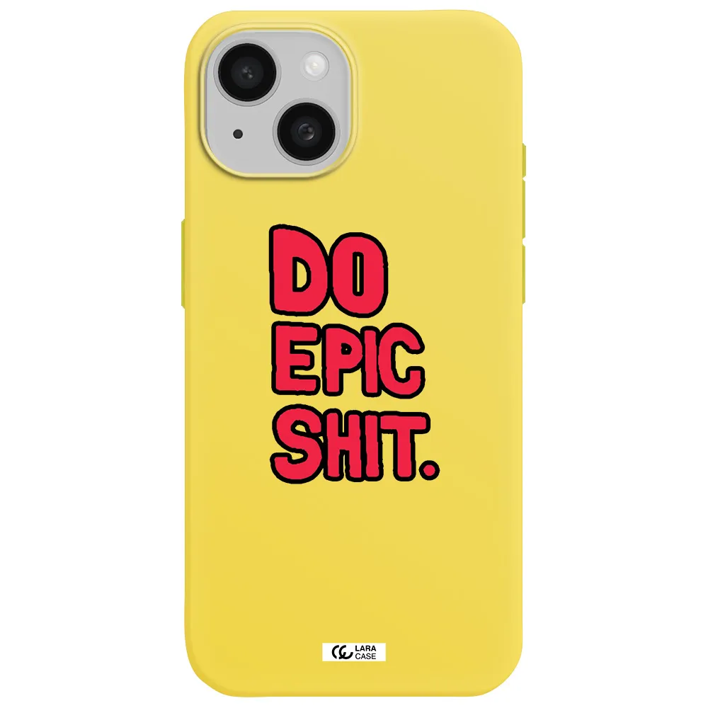 a red and black text Apple iPhone 15 Silicone canary yellow Case