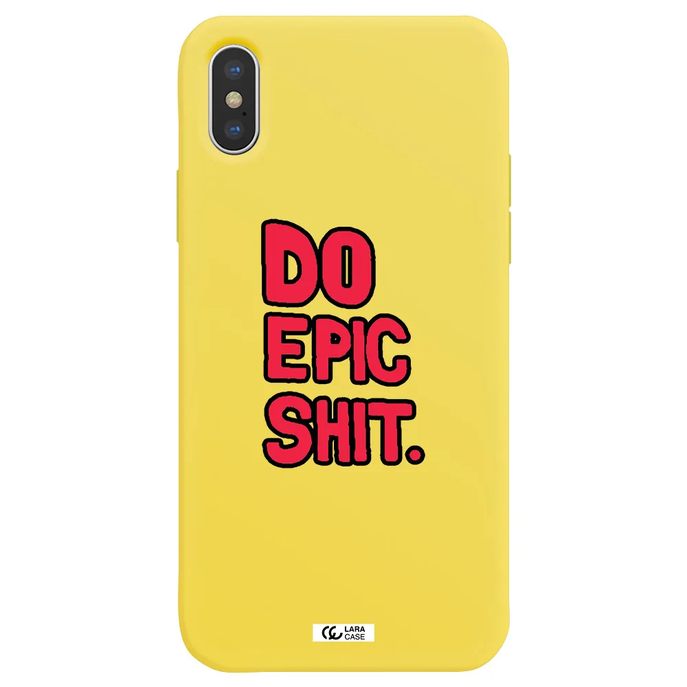 a red and black text Apple iPhone XS Silicone canary yellow Case