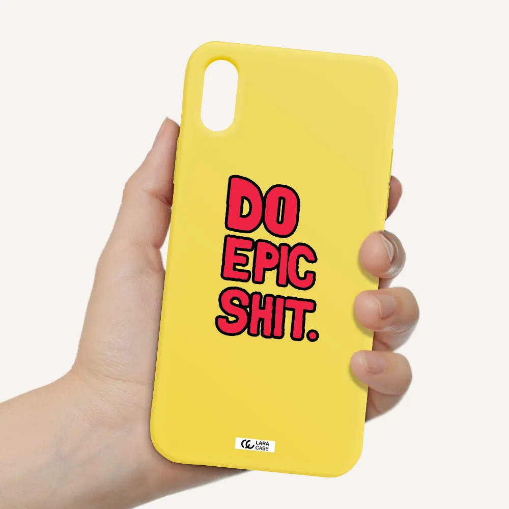 a red and black text Apple iPhone XS Silicone canary yellow Case