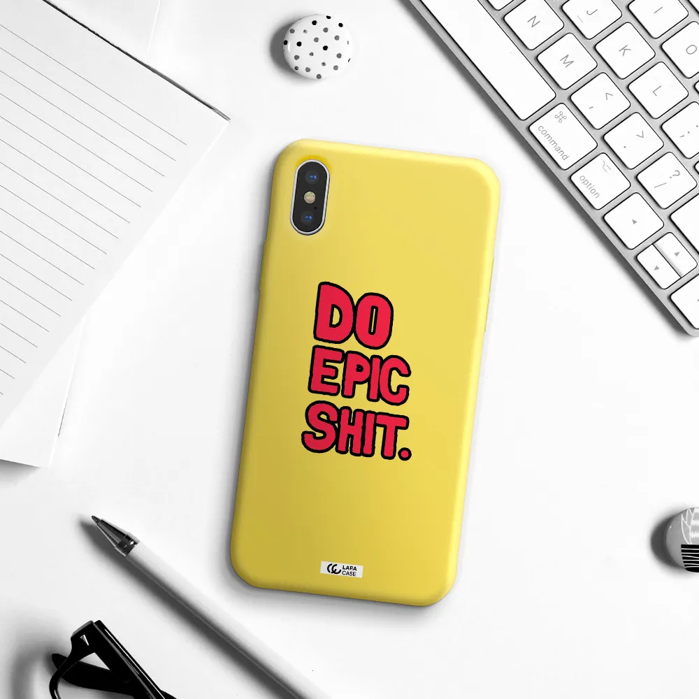 a red and black text Apple iPhone XS Silicone canary yellow Case