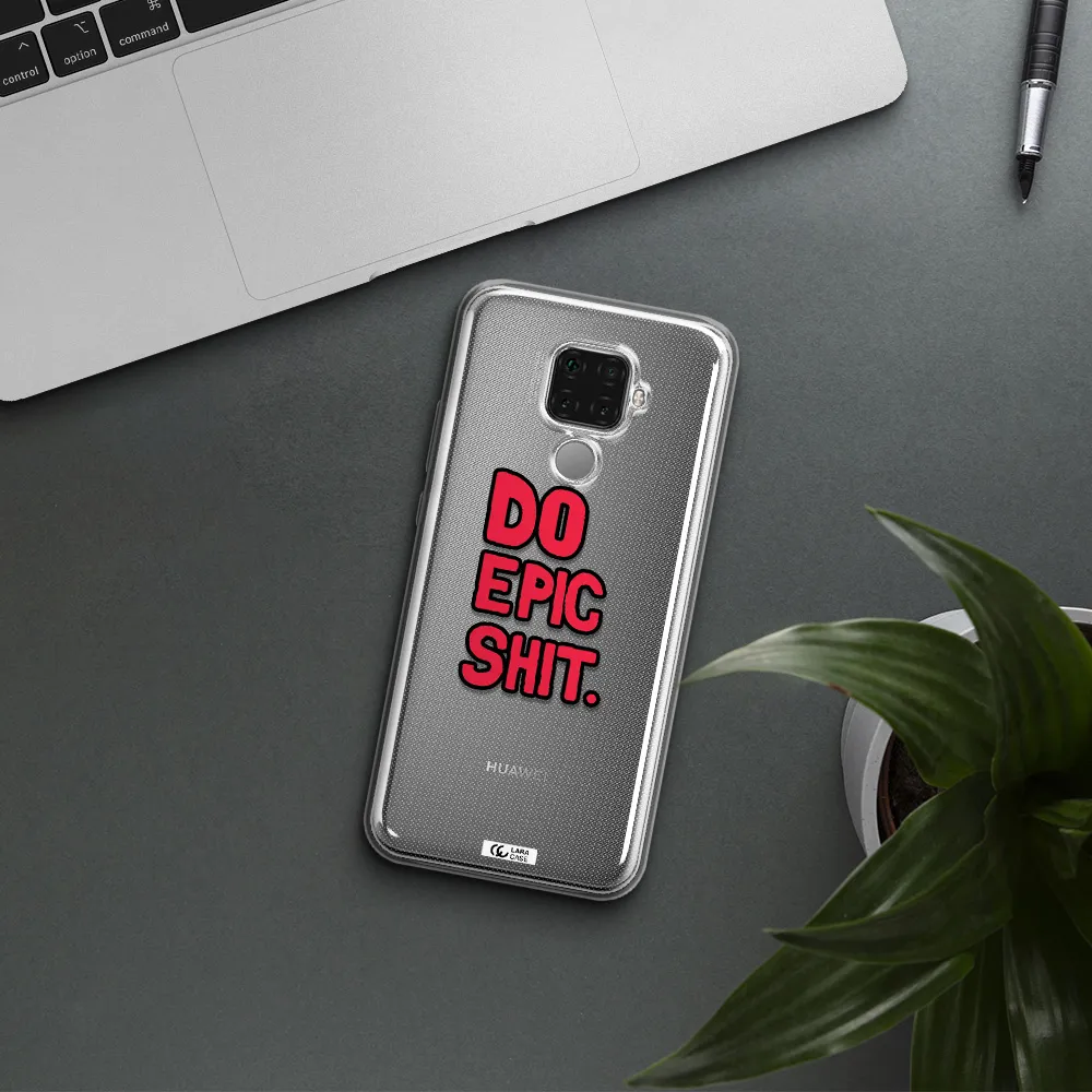 a red and black text Huawei Mate 30 Lite Clear TPU Case