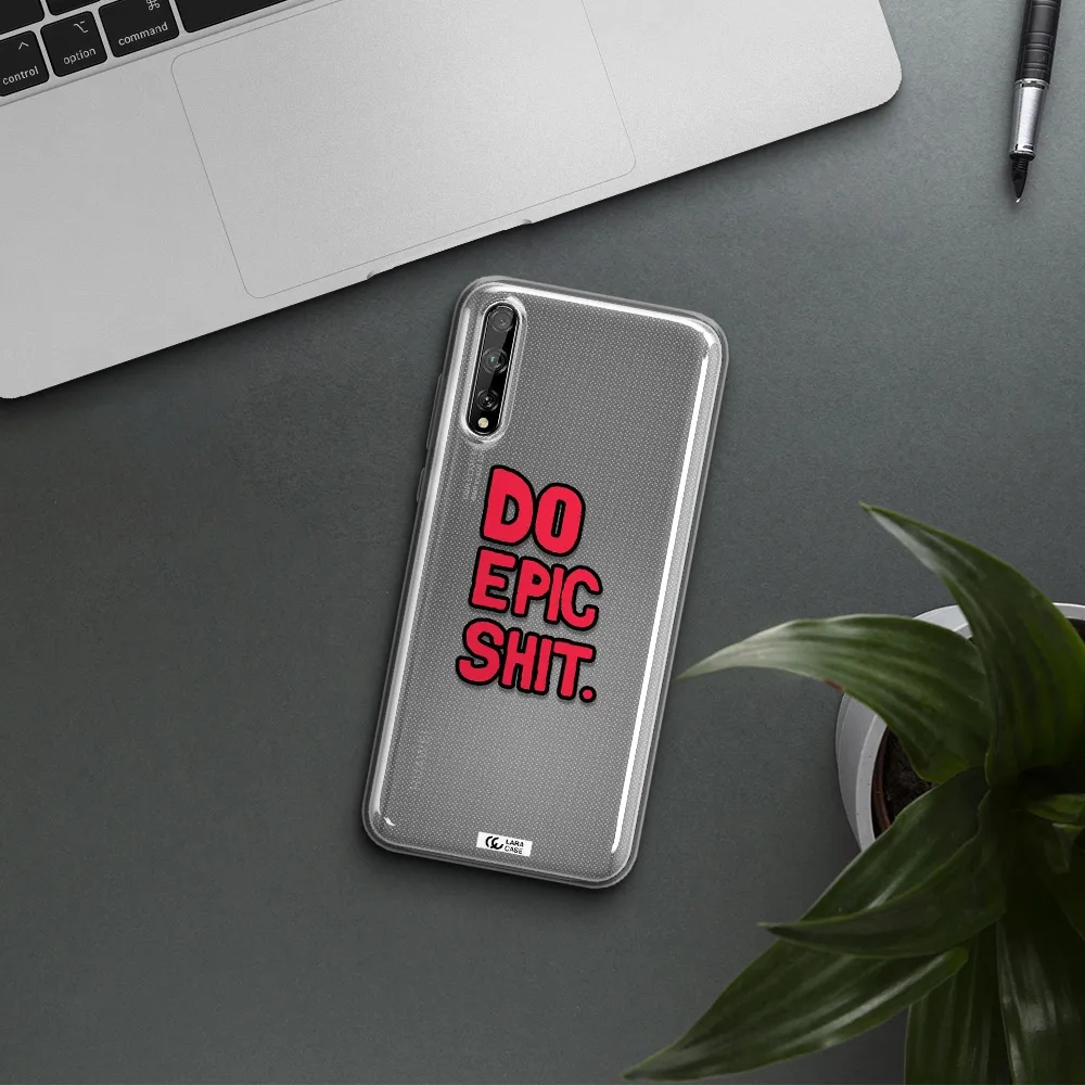 a red and black text Huawei P Smart S Clear TPU Case