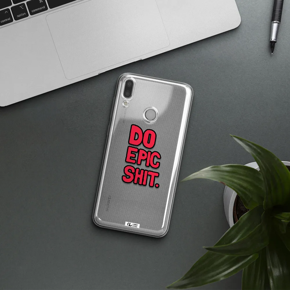 a red and black text Huawei Y7 2019 Clear TPU Case