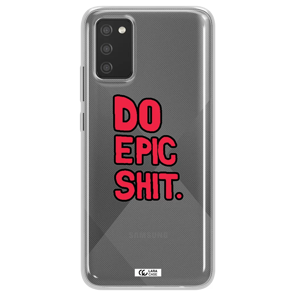 a red and black text Samsung A02S Clear TPU Case