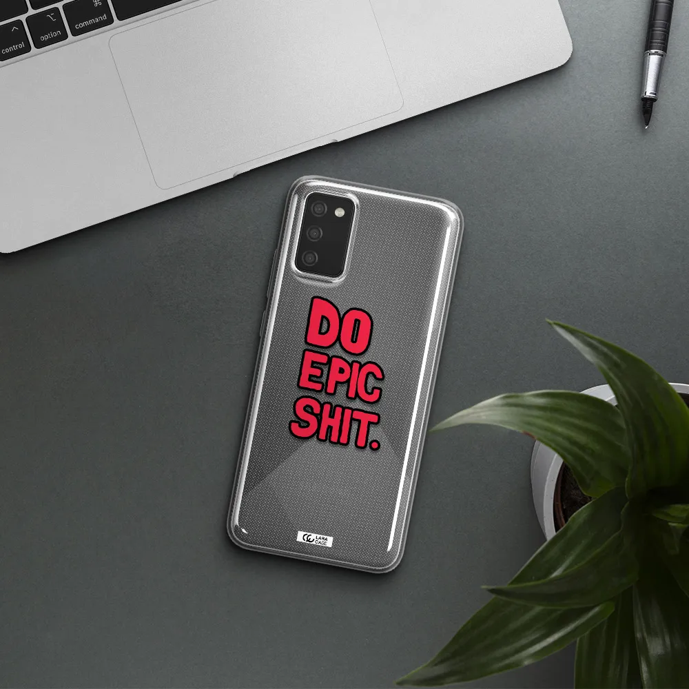 a red and black text Samsung A02S Clear TPU Case