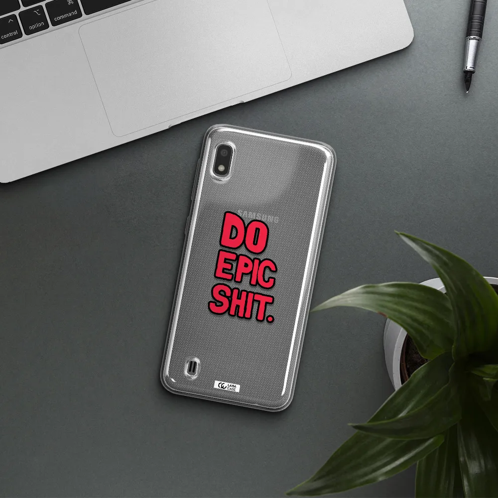 a red and black text Samsung A10 Clear TPU Case