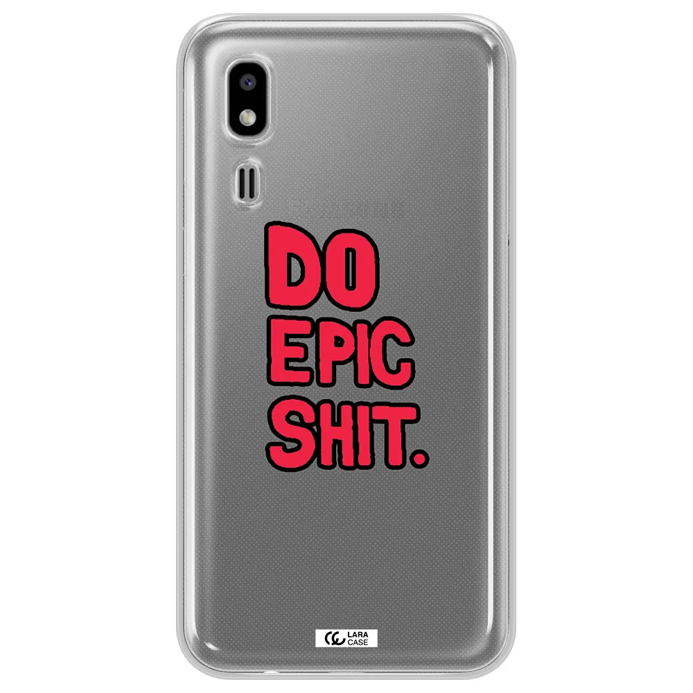 a red and black text Samsung A2 Core Clear TPU Case