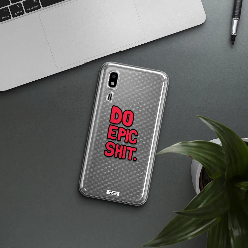 a red and black text Samsung A2 Core Clear TPU Case