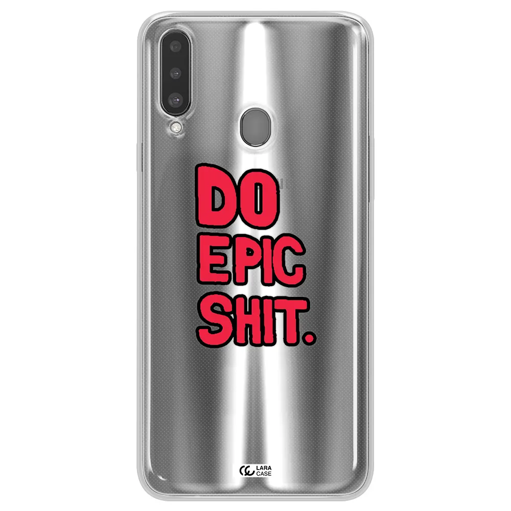 a red and black text Samsung A20S Clear TPU Case