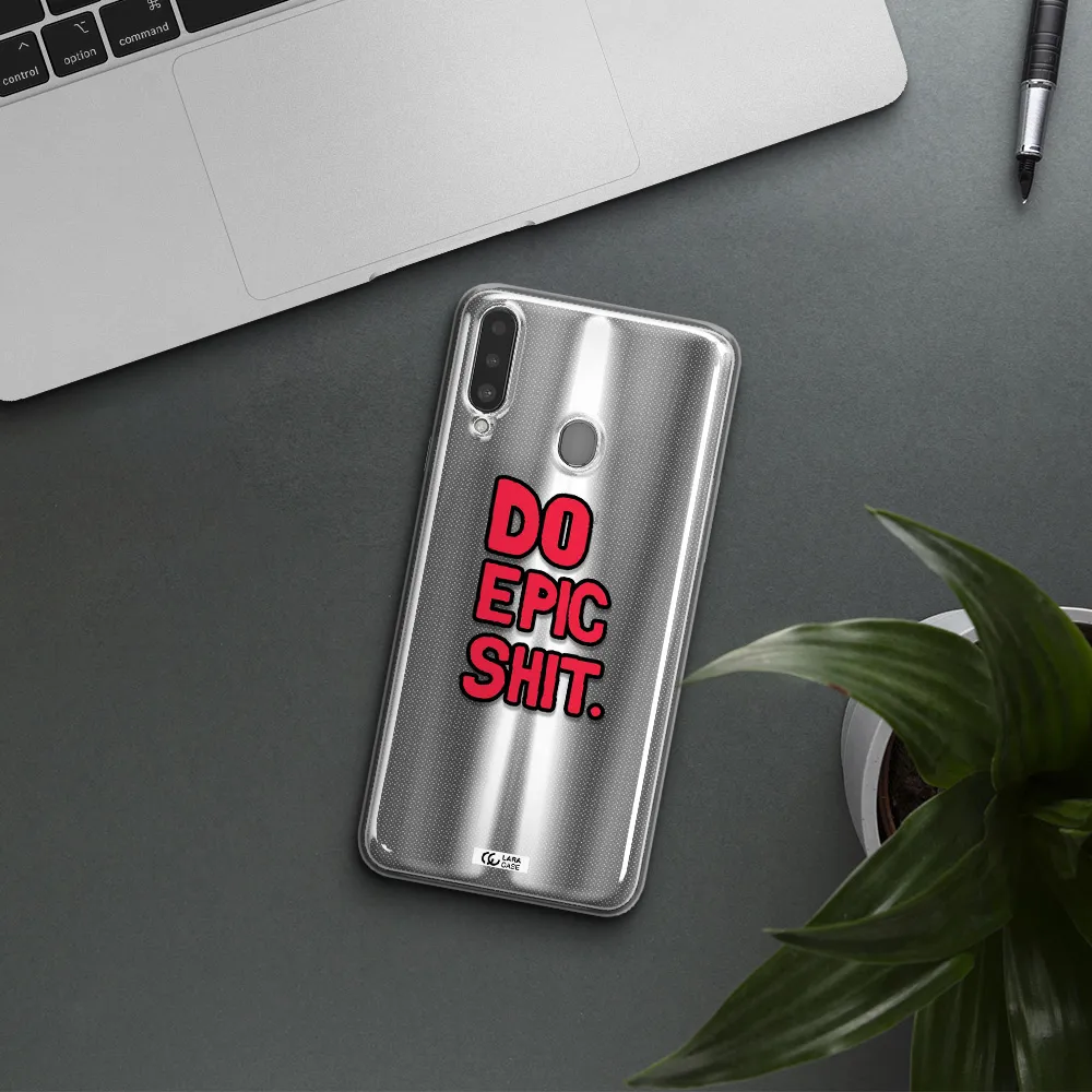 a red and black text Samsung A20S Clear TPU Case